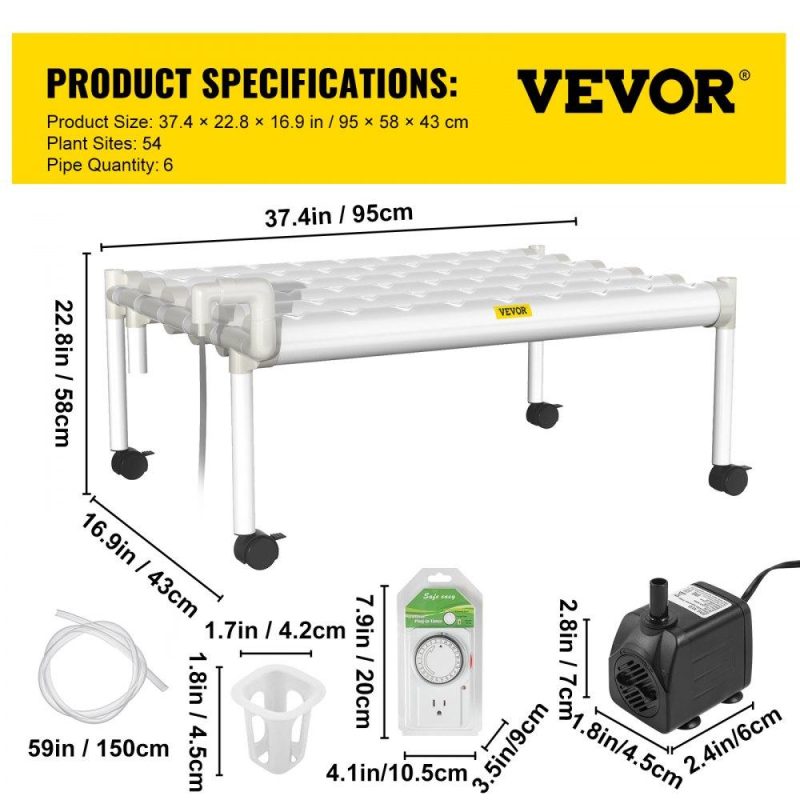 Hydroponics | Hydroponics Growing System, 54 Sites 6 Food-Grade PVC-U Pipes, 1 Layer Indoor Planting Kit with Water Pump, Timer, Nest Basket, Sponge for Fruits, Vegetables, Herb, White Hydroponics Hydroponics