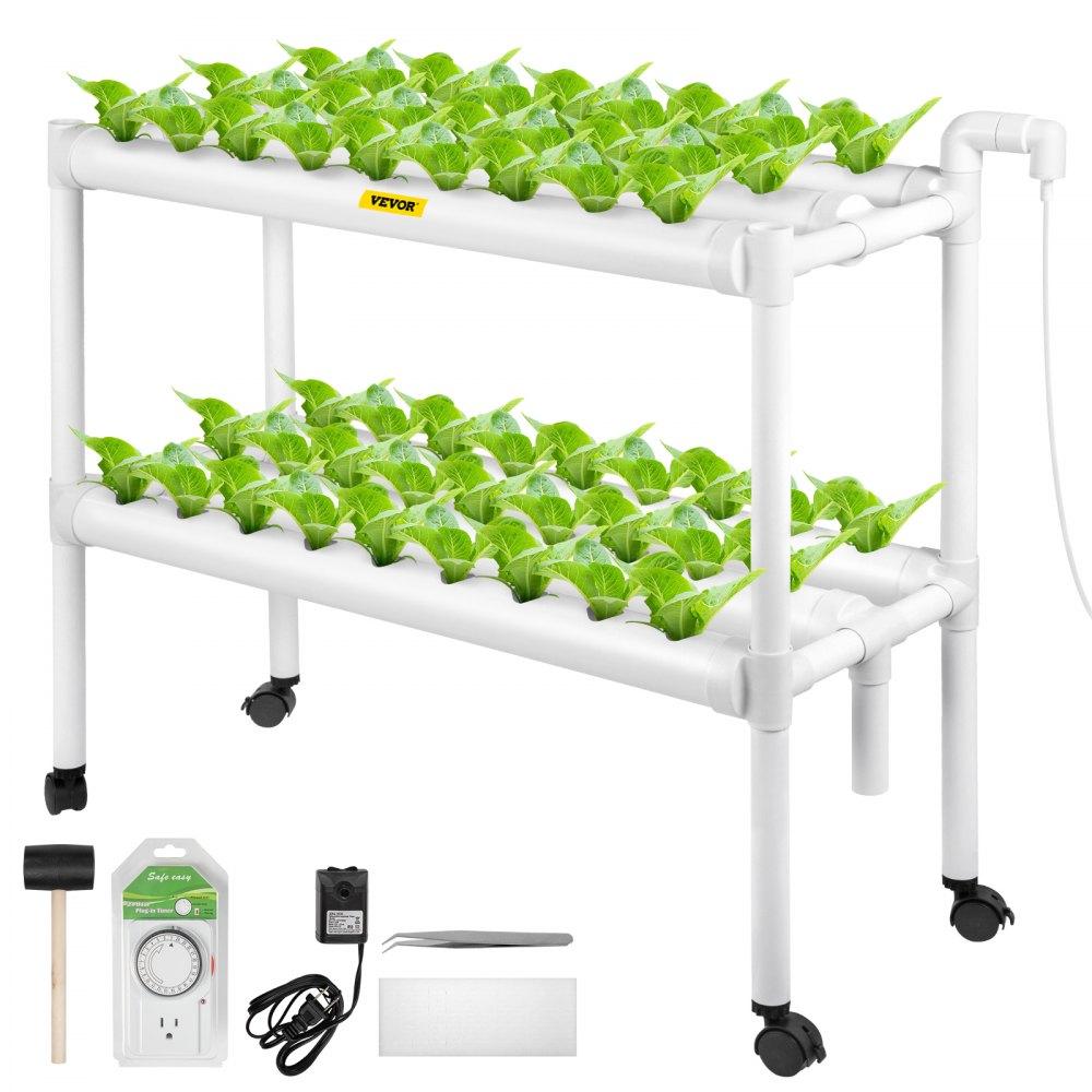 Hydroponics | Hydroponics Growing System, 54 Sites 6 Food-Grade PVC-U Pipes, 2 Layers Indoor Planting Kit with Water Pump, Timer, Nest Basket, Sponge for Fruits, Vegetables, Herb, White Lawn & Garden Hydroponics