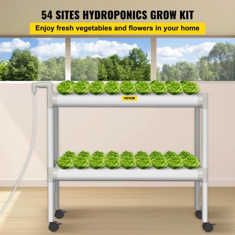 Hydroponics | Hydroponics Growing System, 54 Sites 6 Food-Grade PVC-U Pipes, 2 Layers Indoor Planting Kit with Water Pump, Timer, Nest Basket, Sponge for Fruits, Vegetables, Herb, White Lawn & Garden Hydroponics