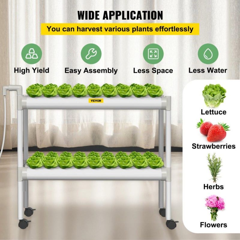 Hydroponics | Hydroponics Growing System, 54 Sites 6 Food-Grade PVC-U Pipes, 2 Layers Indoor Planting Kit with Water Pump, Timer, Nest Basket, Sponge for Fruits, Vegetables, Herb, White Lawn & Garden Hydroponics