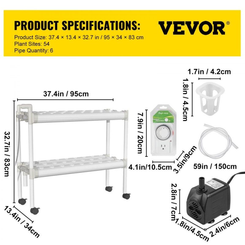 Hydroponics | Hydroponics Growing System, 54 Sites 6 Food-Grade PVC-U Pipes, 2 Layers Indoor Planting Kit with Water Pump, Timer, Nest Basket, Sponge for Fruits, Vegetables, Herb, White Lawn & Garden Hydroponics