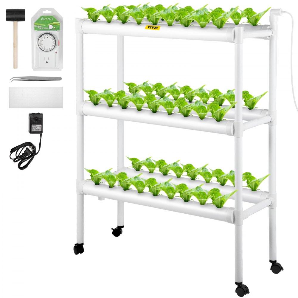 Hydroponics | Hydroponics Growing System, 54 Sites 6 Food-Grade PVC-U Pipes, 3 Layers Indoor Planting Kit with Water Pump, Timer, Nest Basket, Sponge for Fruits, Vegetables, Herb, White Hydroponics Hydroponics