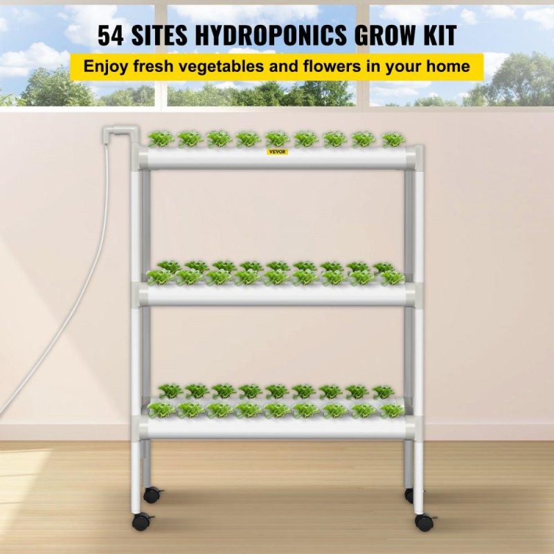 Hydroponics | Hydroponics Growing System, 54 Sites 6 Food-Grade PVC-U Pipes, 3 Layers Indoor Planting Kit with Water Pump, Timer, Nest Basket, Sponge for Fruits, Vegetables, Herb, White Hydroponics Hydroponics