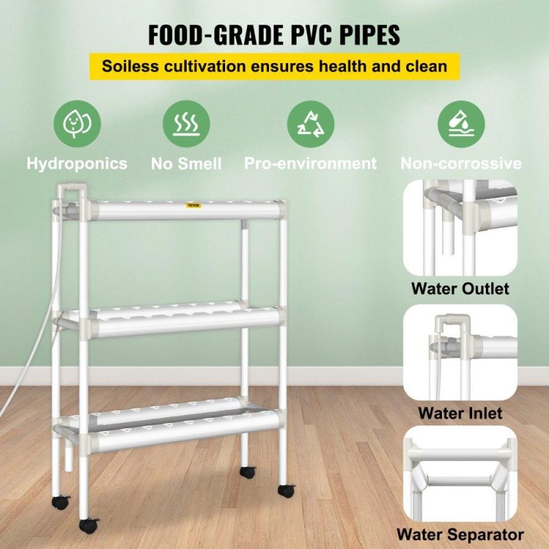 Hydroponics | Hydroponics Growing System, 54 Sites 6 Food-Grade PVC-U Pipes, 3 Layers Indoor Planting Kit with Water Pump, Timer, Nest Basket, Sponge for Fruits, Vegetables, Herb, White Hydroponics Hydroponics