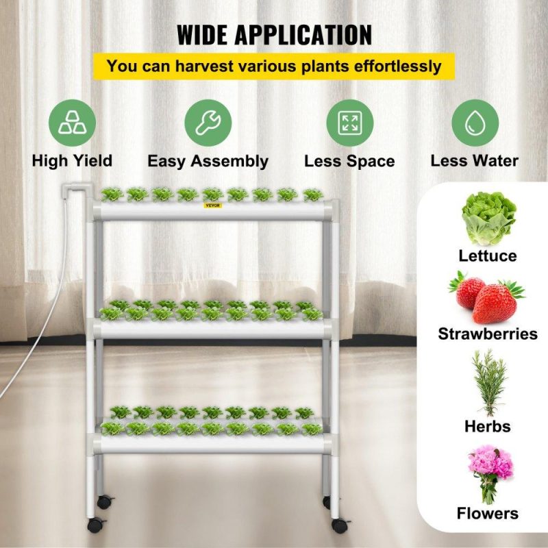 Hydroponics | Hydroponics Growing System, 54 Sites 6 Food-Grade PVC-U Pipes, 3 Layers Indoor Planting Kit with Water Pump, Timer, Nest Basket, Sponge for Fruits, Vegetables, Herb, White Hydroponics Hydroponics