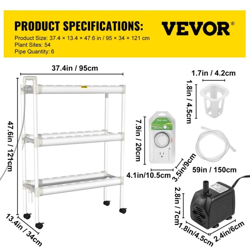 Hydroponics | Hydroponics Growing System, 54 Sites 6 Food-Grade PVC-U Pipes, 3 Layers Indoor Planting Kit with Water Pump, Timer, Nest Basket, Sponge for Fruits, Vegetables, Herb, White Hydroponics Hydroponics