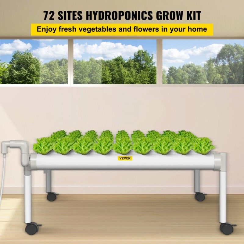 Hydroponics | Hydroponics Growing System, 72 Sites 8 Food-Grade PVC-U Pipes, 1 Layer Indoor Planting Kit with Water Pump, Timer, Nest Basket, Sponge for Fruits, Vegetables, Herb, White Hydroponics Hydroponics