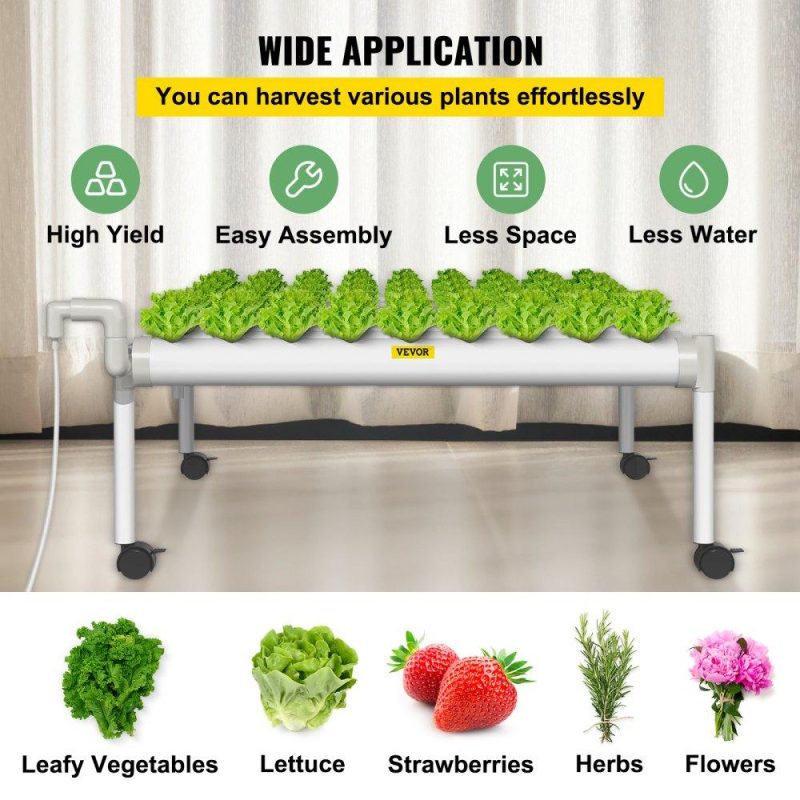 Hydroponics | Hydroponics Growing System, 72 Sites 8 Food-Grade PVC-U Pipes, 1 Layer Indoor Planting Kit with Water Pump, Timer, Nest Basket, Sponge for Fruits, Vegetables, Herb, White Hydroponics Hydroponics