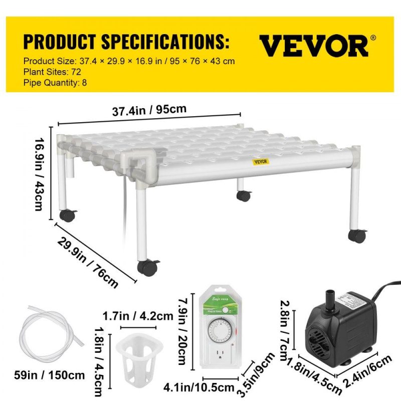 Hydroponics | Hydroponics Growing System, 72 Sites 8 Food-Grade PVC-U Pipes, 1 Layer Indoor Planting Kit with Water Pump, Timer, Nest Basket, Sponge for Fruits, Vegetables, Herb, White Hydroponics Hydroponics