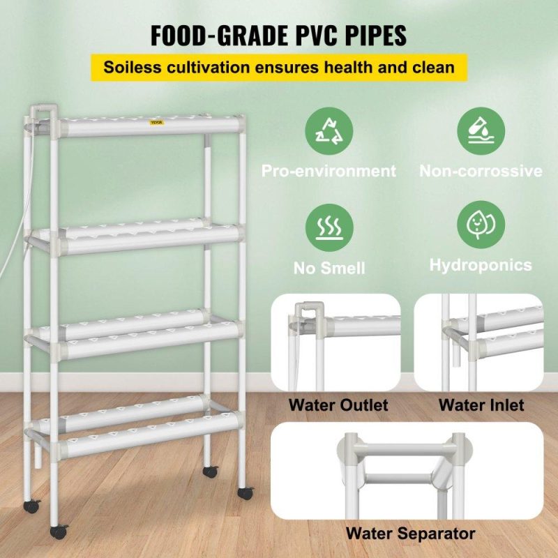 Hydroponics | Hydroponics Growing System, 72 Sites 8 Food-Grade PVC-U Pipes, 4 Layers Indoor Planting Kit with Water Pump, Timer, Nest Basket, Sponge, for Fruits, Vegetables, Herbs, White Hydroponics Hydroponics