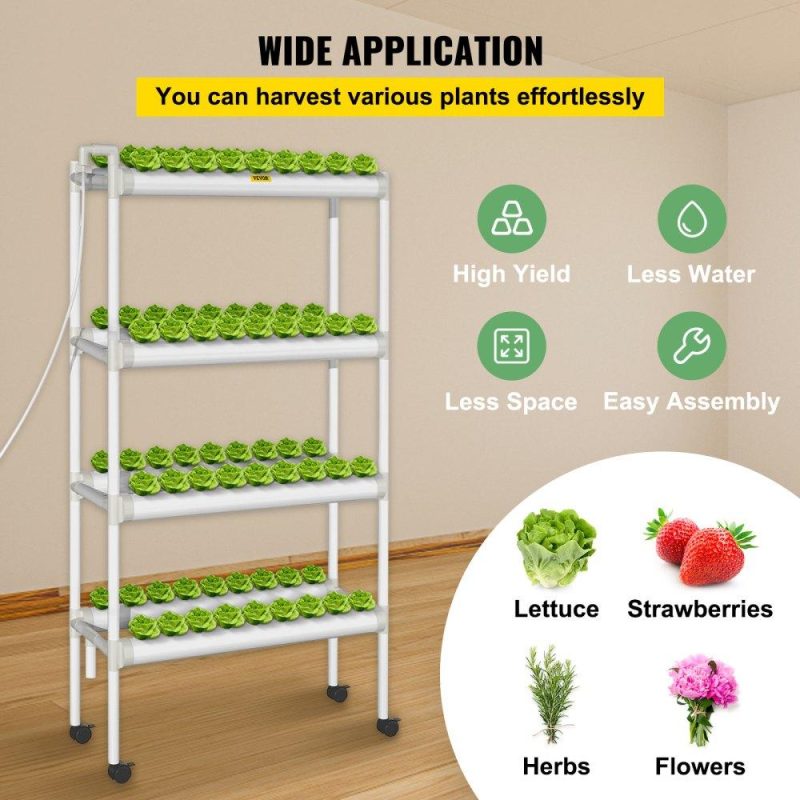 Hydroponics | Hydroponics Growing System, 72 Sites 8 Food-Grade PVC-U Pipes, 4 Layers Indoor Planting Kit with Water Pump, Timer, Nest Basket, Sponge, for Fruits, Vegetables, Herbs, White Hydroponics Hydroponics