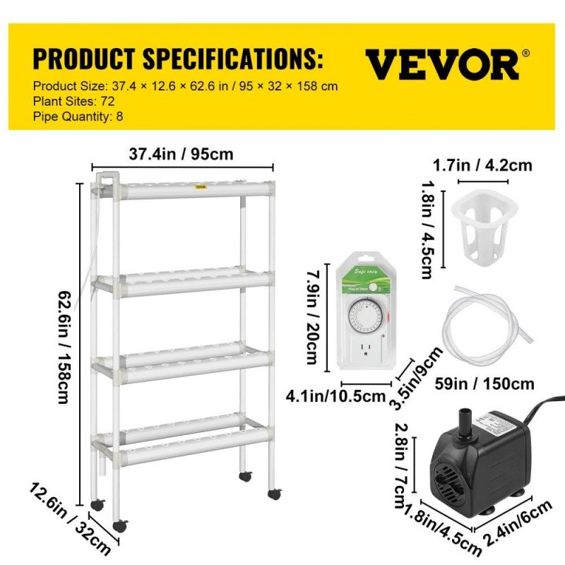 Hydroponics | Hydroponics Growing System, 72 Sites 8 Food-Grade PVC-U Pipes, 4 Layers Indoor Planting Kit with Water Pump, Timer, Nest Basket, Sponge, for Fruits, Vegetables, Herbs, White Hydroponics Hydroponics