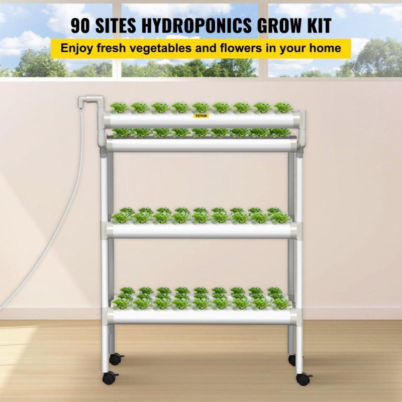 Hydroponics | Hydroponics Growing System, 90 Sites 10 Food-Grade PVC-U Pipes, 3 Layers Indoor Planting Kit with Water Pump, Timer, Nest Basket, Sponge, for Fruits, Vegetables, Herbs, White Hydroponics Hydroponics