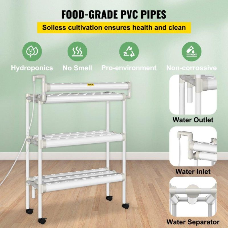 Hydroponics | Hydroponics Growing System, 90 Sites 10 Food-Grade PVC-U Pipes, 3 Layers Indoor Planting Kit with Water Pump, Timer, Nest Basket, Sponge, for Fruits, Vegetables, Herbs, White Hydroponics Hydroponics