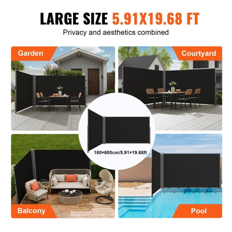 Landscaping & Shade | 236″ x 71″Black Retractable Awnig-Rugged Full Aluminum Rust-Proof Patio Sunshine Privacy Divider Wind Screen. Longer Service Life, Suitable for Courtyard, Roof Terraces and Pools Black Landscaping & Shade Black