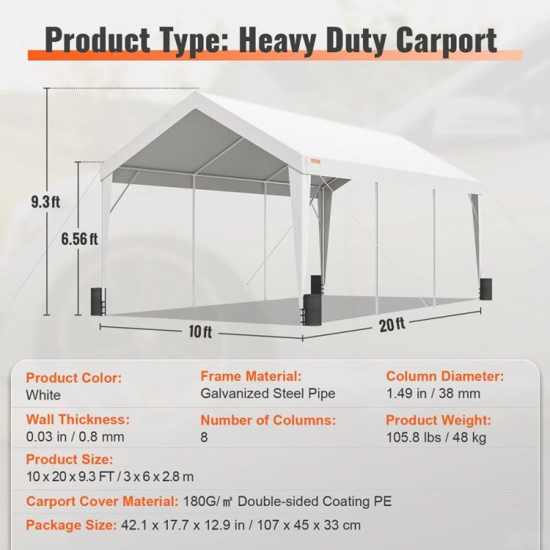 Landscaping & Shade | Carport, 10×20 ft Heavy Duty Car Canopy Garage Boat Shelter Party Tent with 8 Reinforced Poles and 4 Weight Bags, UV Resistant Waterproof All-Season Tarp for SUV, F150, Car, Truck, Boat White Landscaping & Shade Landscaping & Shade