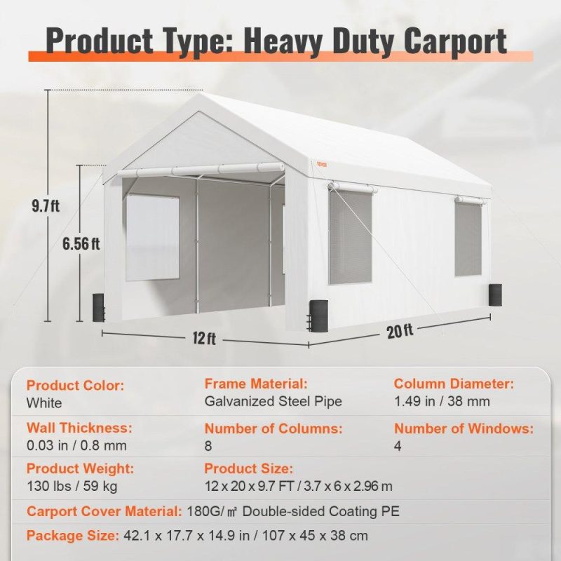 Landscaping & Shade | Carport, 12 x 20 ft Heavy Duty Car Canopy with Roll-up Ventilated Windows, Extra Large Portable Garage with Removable Sidewalls, Waterproof UV Resistant All-Season Tarp for SUV, Truck, Boat White Landscaping & Shade Landscaping & Shade