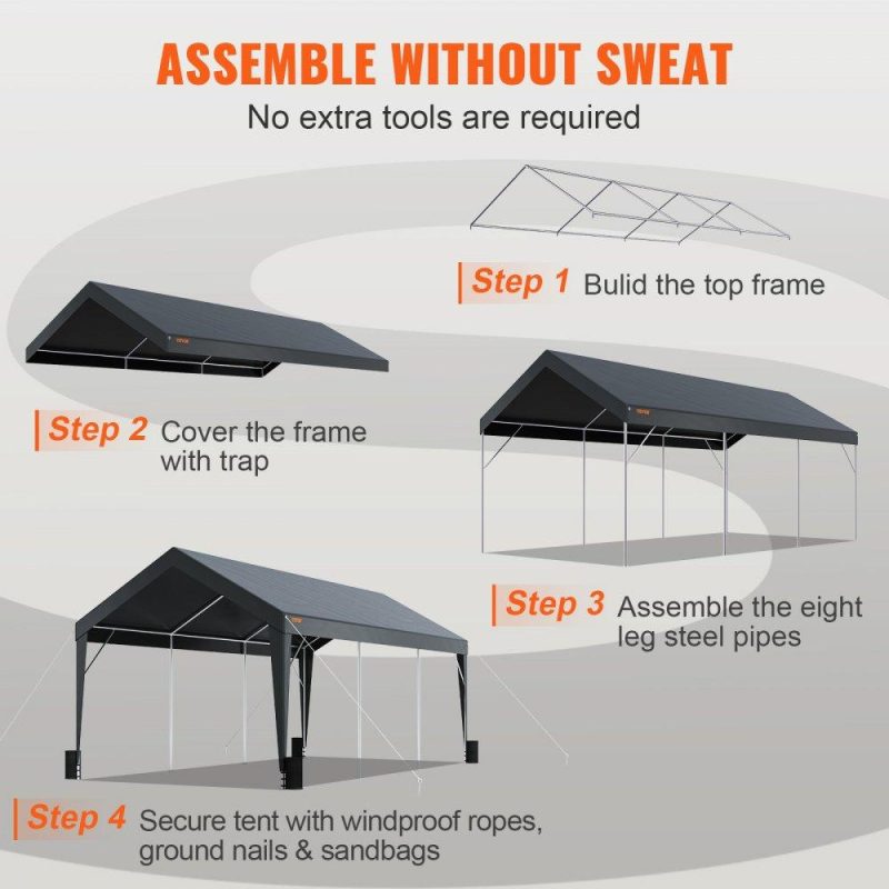 Landscaping & Shade | Carport, Heavy Duty 10 x 20ft Car Canopy, Outdoor Garage Shelter with 8 Reinforced Poles and 4 Weighted Bags, UV Resistant Waterproof Instant Car Garage Tent for Party Garden Boat, Darkgray Dark Gray Landscaping & Shade Dark Gray