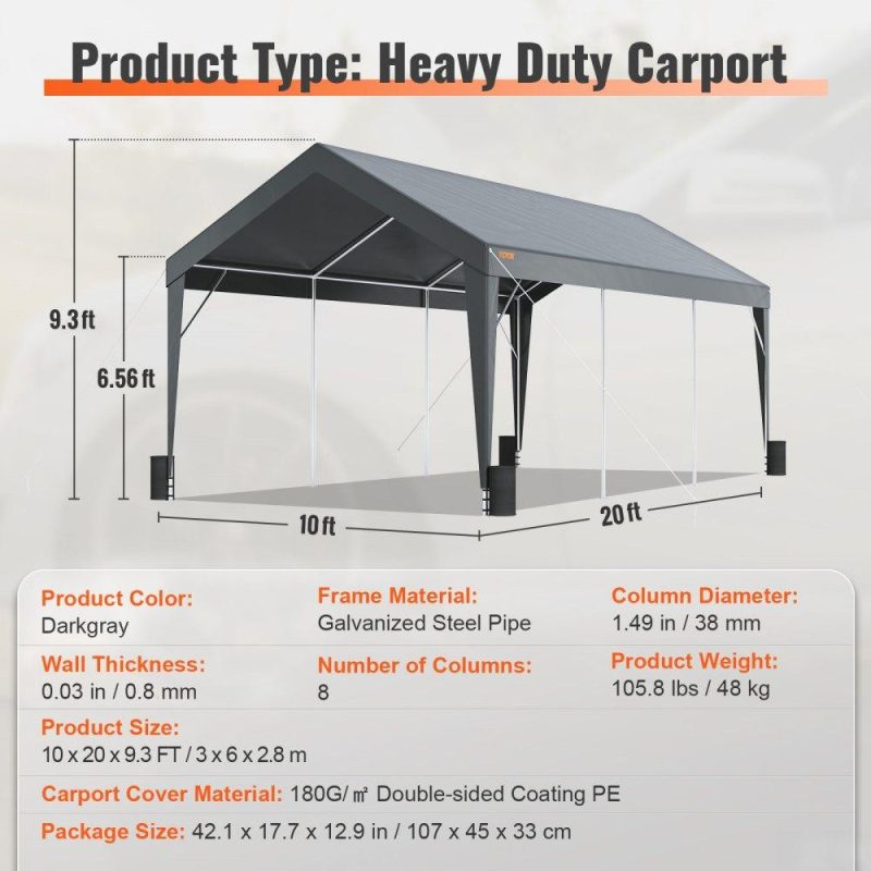 Landscaping & Shade | Carport, Heavy Duty 10 x 20ft Car Canopy, Outdoor Garage Shelter with 8 Reinforced Poles and 4 Weighted Bags, UV Resistant Waterproof Instant Car Garage Tent for Party Garden Boat, Darkgray Dark Gray Landscaping & Shade Dark Gray