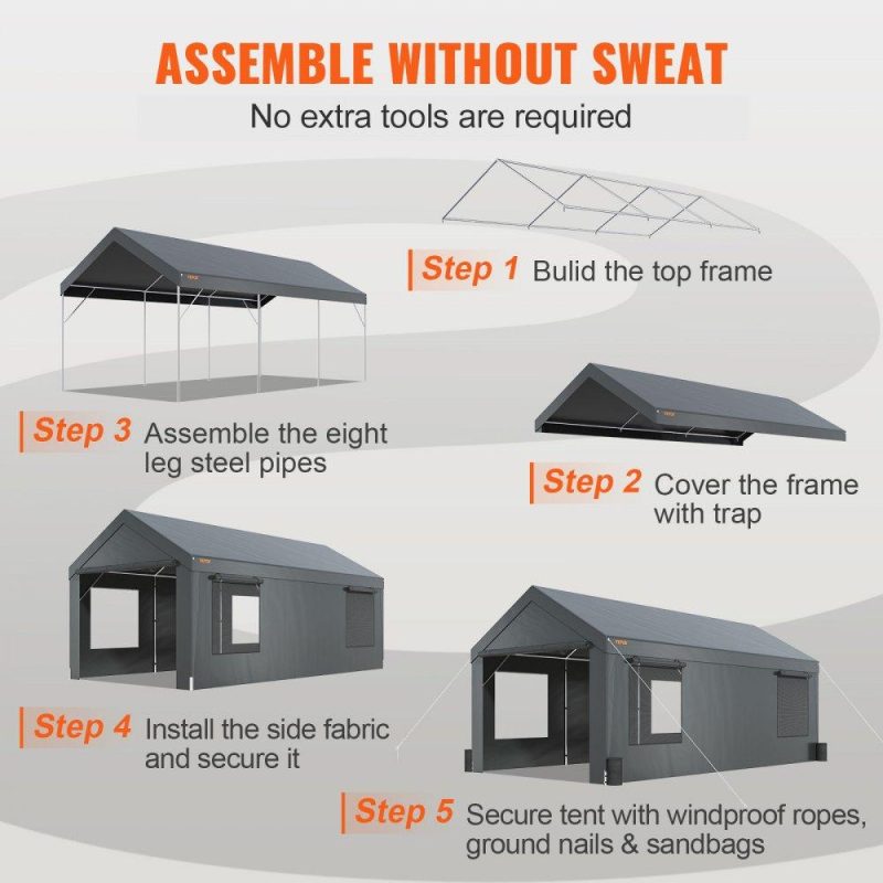 Landscaping & Shade | Carport, Heavy Duty 10x20ft Car Canopy, Outdoor Garage Shelter with Removable Sidewalls, Roll-up Ventilated Windows & Door, UV Resistant Waterproof All-Season Tarp for Car, Truck, Boat, Darkgray Dark Gray Landscaping & Shade Dark Gray