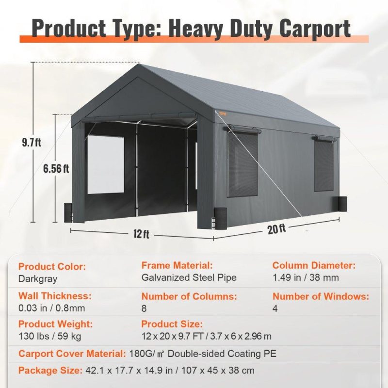 Landscaping & Shade | Carport, Heavy Duty 12x20ft Car Canopy, Outdoor Garage Shelter with Removable Sidewalls, Roll-up Ventilated Windows & Door, UV Resistant Tarp for Car, Truck, Boat, Darkgray Dark Gray Landscaping & Shade Dark Gray