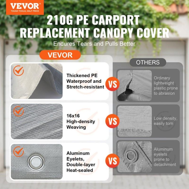 Landscaping & Shade | Carport Replacement Canopy Cover 12 x 20 ft, Garage Top Tent Shelter Tarp Heavy-Duty Waterproof & UV Protected, Easy Installation with Ball Bungees,Grey (Only Top Cover, Frame Not Include) Gray Landscaping & Shade Gray