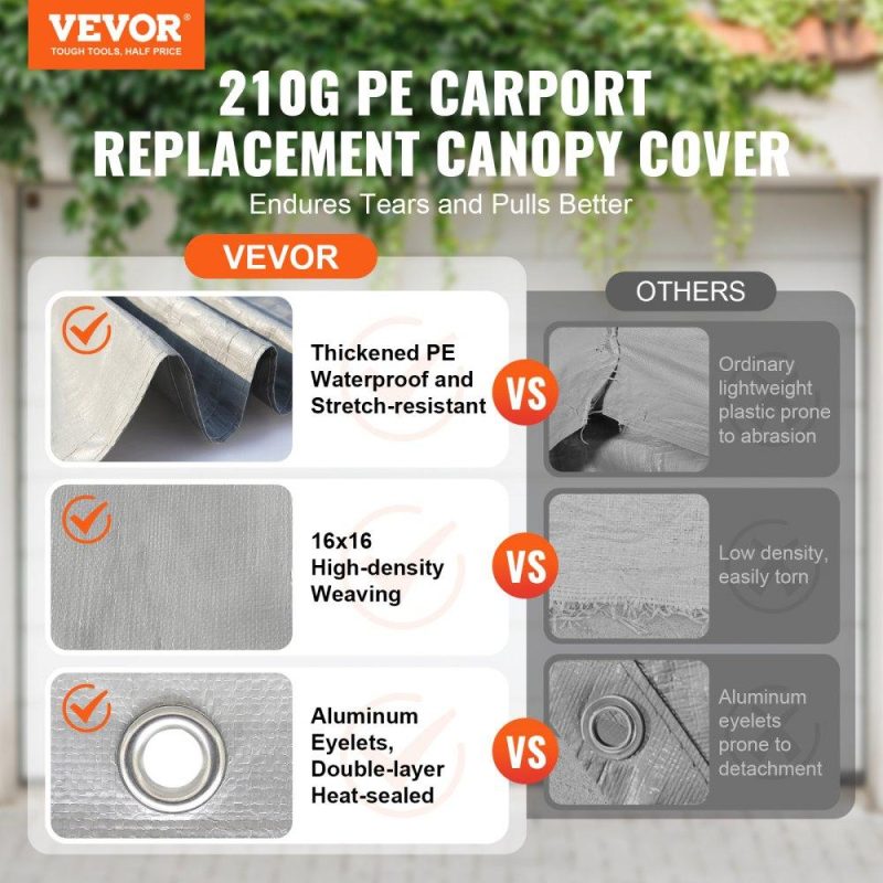 Landscaping & Shade | Carport Replacement Canopy Cover 13 x 20 ft, Garage Top Tent Shelter Tarp Heavy-Duty Waterproof & UV Protected, Easy Installation with Ball Bungees,Grey (Only Top Cover, Frame Not Include) Gray Landscaping & Shade Gray