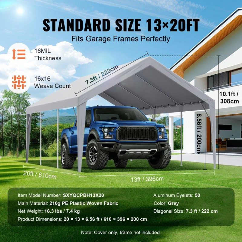 Landscaping & Shade | Carport Replacement Canopy Cover 13 x 20 ft, Garage Top Tent Shelter Tarp Heavy-Duty Waterproof & UV Protected, Easy Installation with Ball Bungees,Grey (Only Top Cover, Frame Not Include) Gray Landscaping & Shade Gray