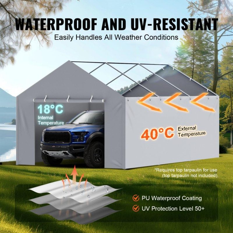 Landscaping & Shade | Carport Replacement Canopy Cover Side Wall 12 x 20 ft, Garage Tent Shelter Tarp Heavy-Duty Waterproof & UV Protected, Easy Installation with Ball Bungees,Grey (Top and Frame Not Included) Gray Landscaping & Shade Gray