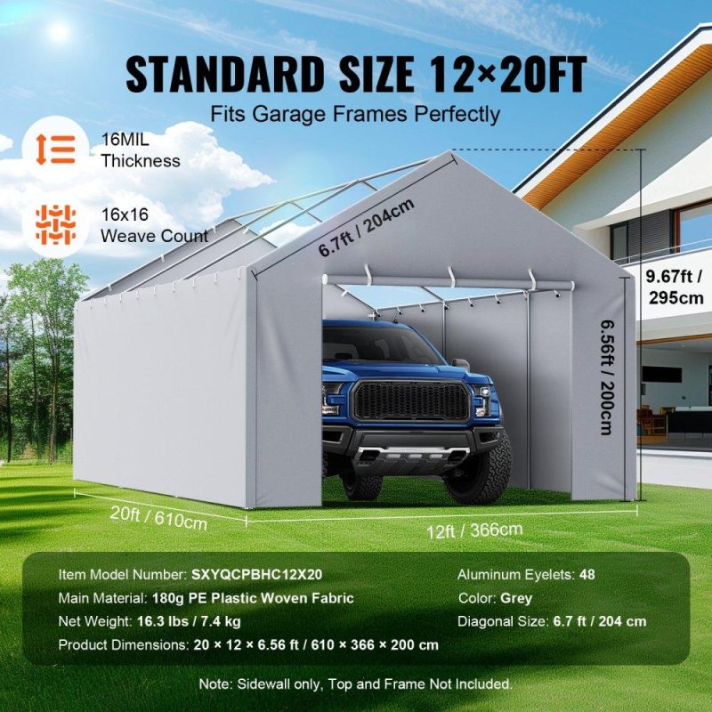 Landscaping & Shade | Carport Replacement Canopy Cover Side Wall 12 x 20 ft, Garage Tent Shelter Tarp Heavy-Duty Waterproof & UV Protected, Easy Installation with Ball Bungees,Grey (Top and Frame Not Included) Gray Landscaping & Shade Gray