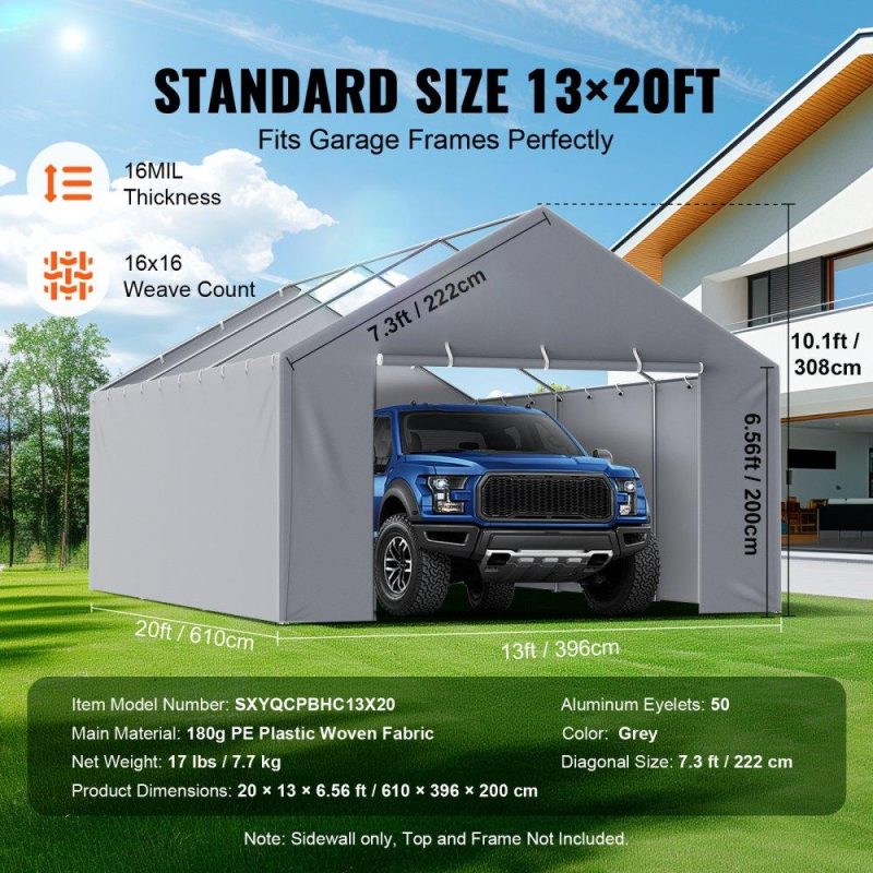 Landscaping & Shade | Carport Replacement Canopy Cover Side Wall 13 x 20 ft, Garage Tent Shelter Tarp Heavy-Duty Waterproof & UV Protected, Easy Installation with Ball Bungees,Grey (Top and Frame Not Included) Gray Landscaping & Shade Gray