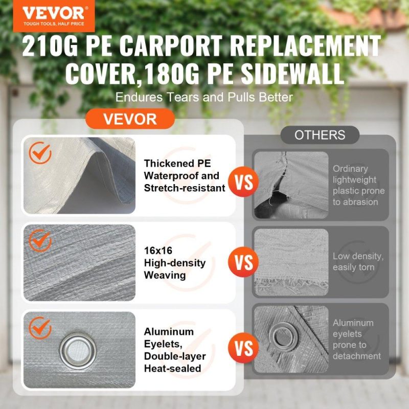 Landscaping & Shade | Carport Replacement Canopy Cover Top + Side Wall 10 x 20 ft, Garage Tent Shelter Tarp Heavy-Duty Waterproof & UV Protected, Easy Installation with Ball Bungees,White (Frame Not Included) Gray Landscaping & Shade Gray