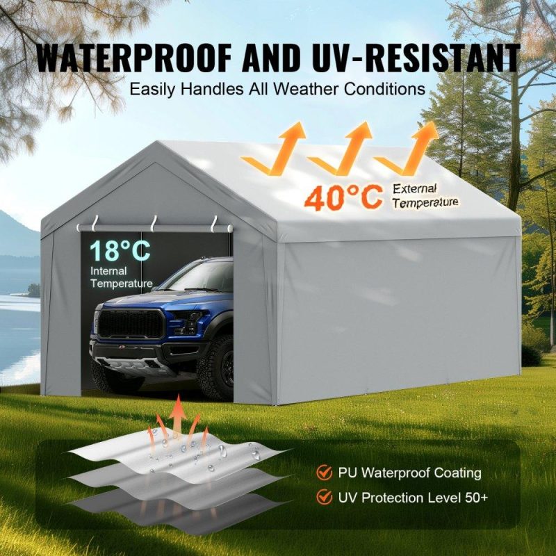 Landscaping & Shade | Carport Replacement Canopy Cover Top + Side Wall 10 x 20 ft, Garage Tent Shelter Tarp Heavy-Duty Waterproof & UV Protected, Easy Installation with Ball Bungees,White (Frame Not Included) Gray Landscaping & Shade Gray