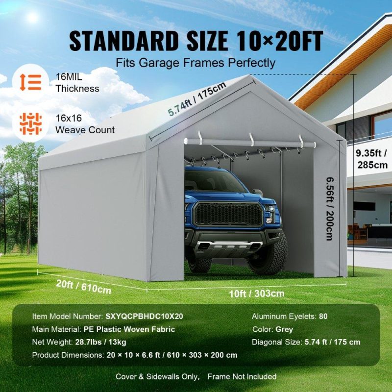 Landscaping & Shade | Carport Replacement Canopy Cover Top + Side Wall 10 x 20 ft, Garage Tent Shelter Tarp Heavy-Duty Waterproof & UV Protected, Easy Installation with Ball Bungees,White (Frame Not Included) Gray Landscaping & Shade Gray