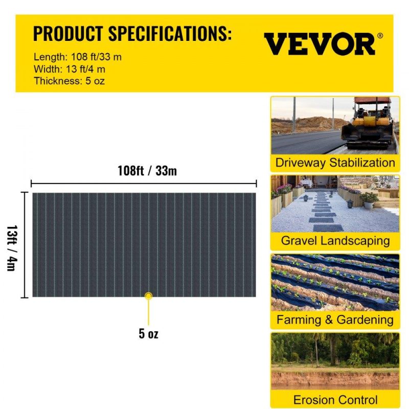 Landscaping & Shade | Driveway Fabric, 13×108 ft Commercial Grade Driveway Fabric, 600 Pounds Grab Tensile Strength Geotextile Fabric Driveway, Underlayment Fabric Landscape Fabric Stabilization Underlayment Landscaping & Shade Landscaping & Shade