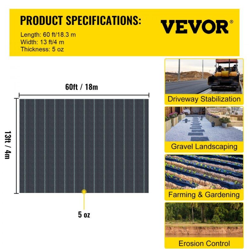 Landscaping & Shade | Driveway Fabric, 13×60 ft Commercial Grade Driveway Fabric, 600 Pounds Grab Tensile Strength Geotextile Fabric Driveway, Underlayment Fabric Landscape Fabric Stabilization Underlayment Landscaping & Shade Landscaping & Shade