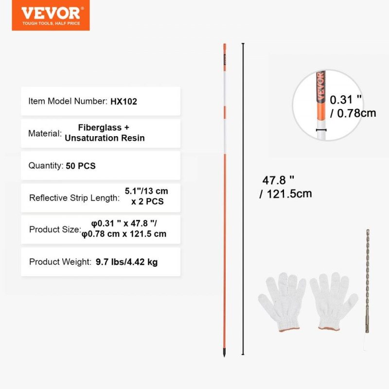 Landscaping & Shade | Driveway Markers, 50 PCS 48 inch, 0.4 inch Diameter, Orange Fiberglass Poles Snow Stakes with Reflective Tape, 12″ Steel Drill Bit & Protection Gloves for Parking Lots, Walkways Easy Visibility Landscaping & Shade Landscaping & Shade