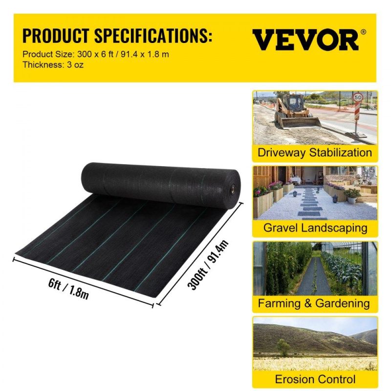 Landscaping & Shade | Geotextile Fabric, 6 x 300 ft 3oz Woven PP Driveway Drain Cloth w/ 600lbs Tensile Strength, Heavy Duty Underlayment for Soil Stabilization, Landscaping, Weed Barrier, 6FT300FT-3OZ, Black Landscaping & Shade Landscaping & Shade