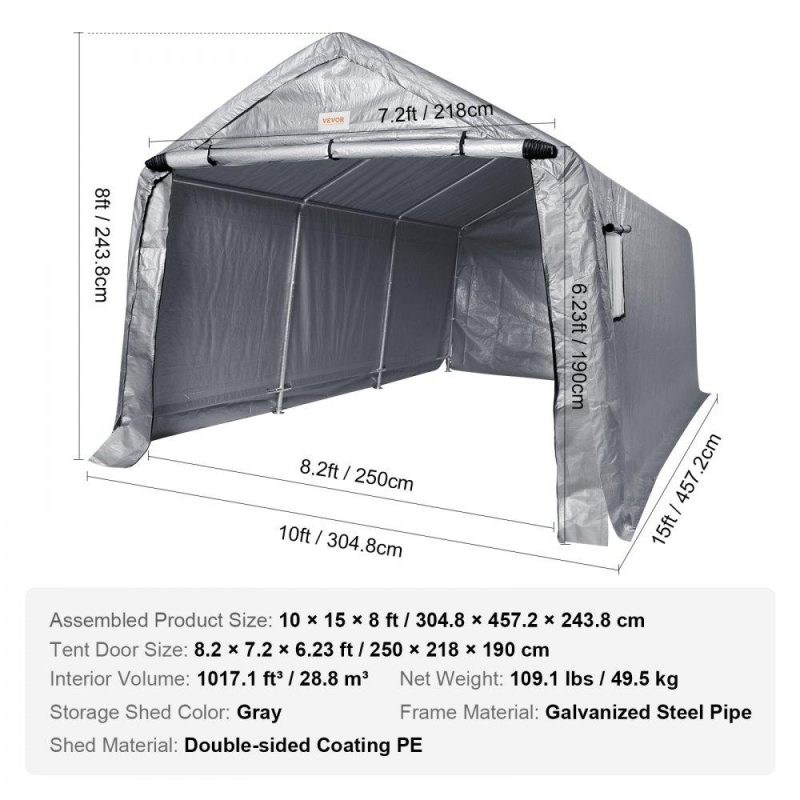 Landscaping & Shade | Outdoor Portable Storage Shelter Shed, 10x15x8ft Heavy Duty Instant Garage Tent Canopy Carport with Roll-up Zipper Door and Ventilated Windows For Cars, Motorcycle, Bike, Garden Tools Landscaping & Shade Landscaping & Shade