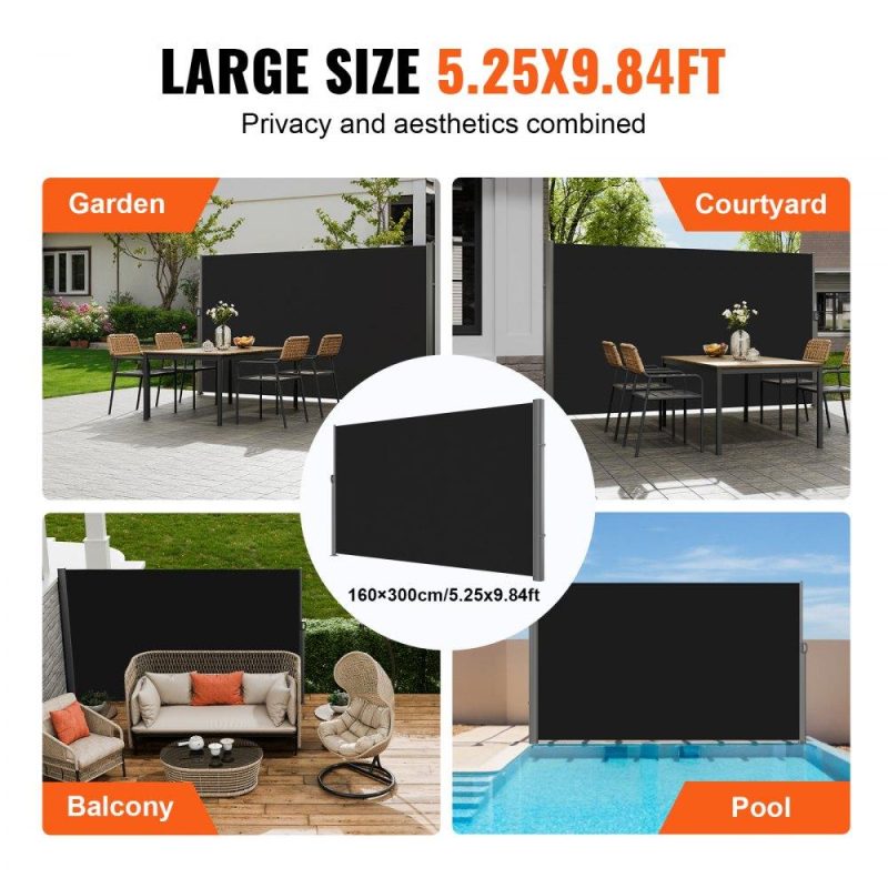 Landscaping & Shade | Retractable Side Awning, 63”x 118” Full Aluminum Rust-Proof Outdoor Privacy Screen, Folding Room Divider Wind Screen for Patio Sun Shade, Backyard, Balcony, Roof Terraces and Pools, Black Black Landscaping & Shade Black