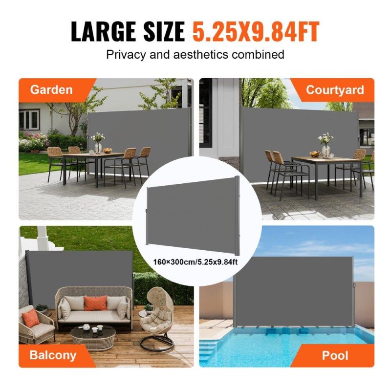 Landscaping & Shade | Retractable Side Awning, 63”x 118” Full Aluminum Rust-Proof Outdoor Privacy Screen, Folding Room Divider Wind Screen for Patio Sun Shade, Backyard, Balcony, Roof Terraces and Pools, Gray Gray Landscaping & Shade Gray