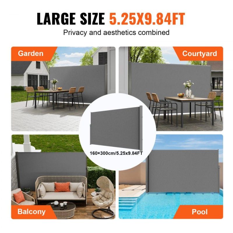 Landscaping & Shade | Retractable Side Awning, 63”x 118” Outdoor Privacy Screen, 180g Polyester Water-proof Retractable Patio Screen, UV 30+ Room Divider Wind Screen for Patio, Backyard, Balcony, Gray Gray Landscaping & Shade Gray