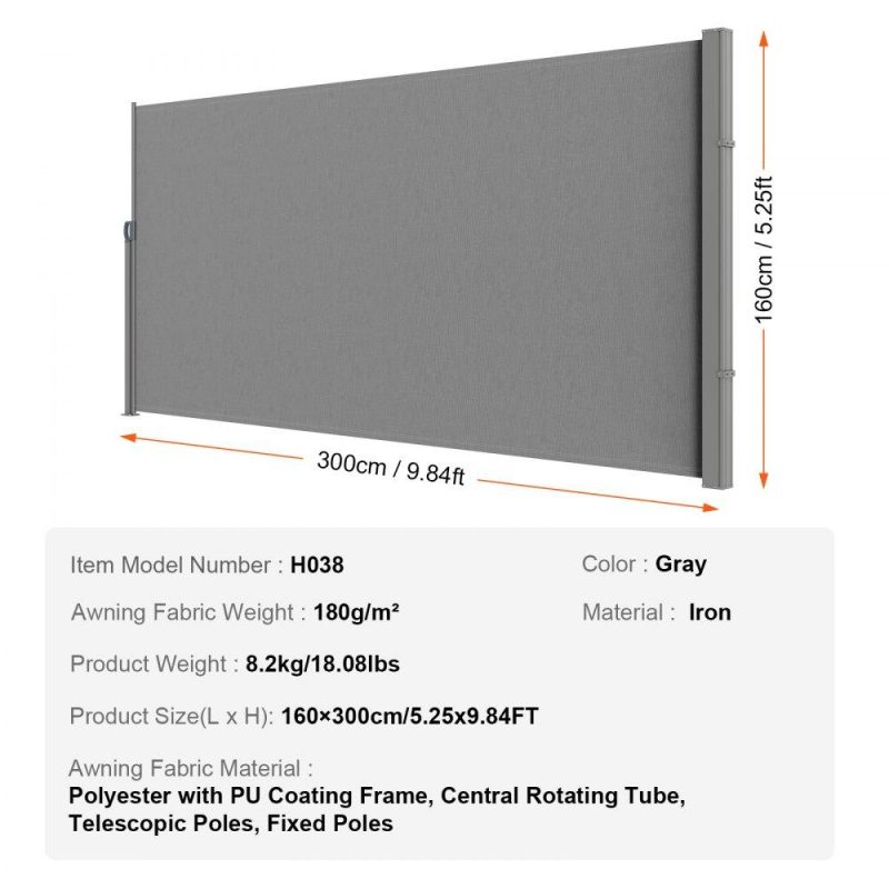 Landscaping & Shade | Retractable Side Awning, 63”x 118” Outdoor Privacy Screen, 180g Polyester Water-proof Retractable Patio Screen, UV 30+ Room Divider Wind Screen for Patio, Backyard, Balcony, Gray Gray Landscaping & Shade Gray