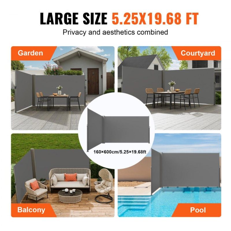 Landscaping & Shade | Retractable Side Awning, 63”x 236” Full Aluminum Rust-Proof Patio Sunshine Screen, Outdoor Privacy Divider & Wind Screen, Works for Courtyard, Balcony, Roof Terraces and Pools, Gray Gray Landscaping & Shade Gray