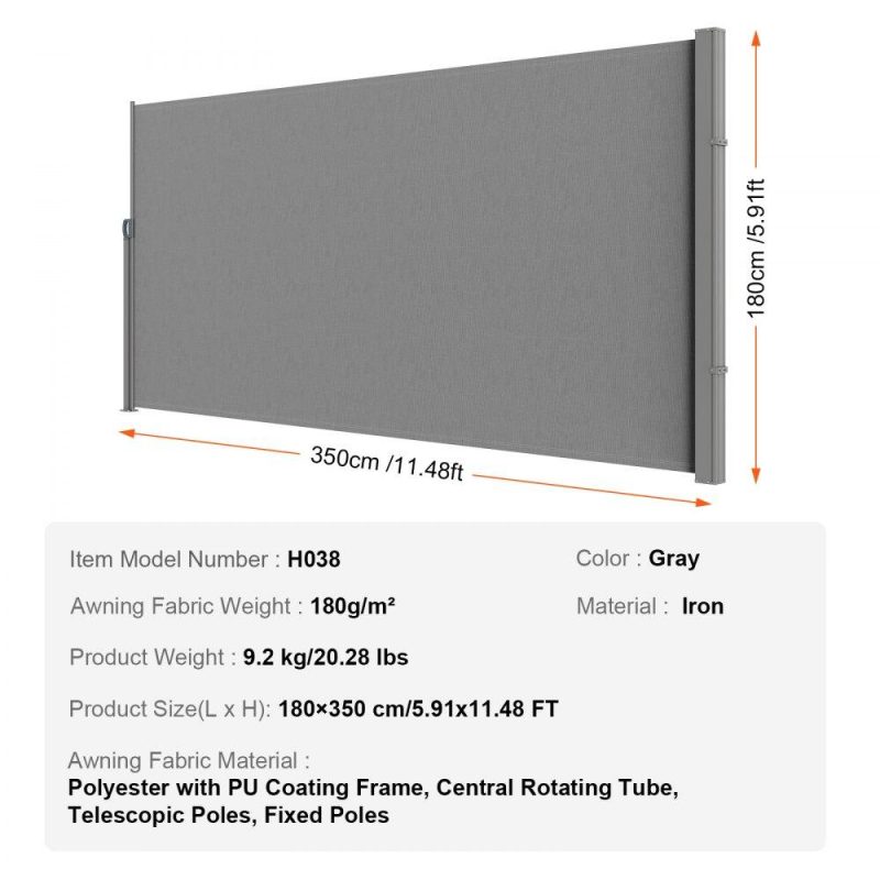 Landscaping & Shade | Retractable Side Awning, 71”x 138” Outdoor Privacy Screen, 180g Polyester Water-proof Retractable Patio Screen, UV 30+ Room Divider Wind Screen for Patio, Backyard, Balcony, Gray Gray Landscaping & Shade Gray