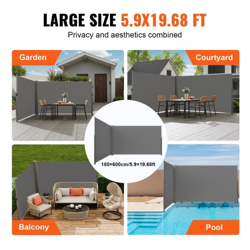 Landscaping & Shade | Retractable Side Awning, 71”x 236” Full Aluminum Rust-Proof Patio Sunshine Screen, Outdoor Privacy Divider & Wind Screen, Works for Courtyard, Balcony, Roof Terraces and Pools, Gray Gray Landscaping & Shade Gray