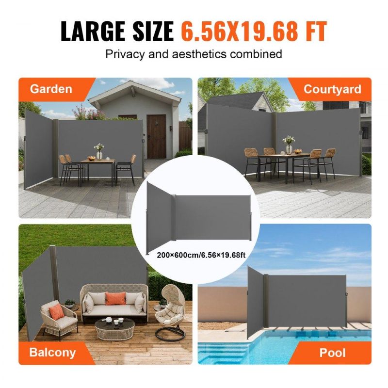 Landscaping & Shade | Retractable Side Awning, 79”x 236” Outdoor Privacy Screen, 180g Polyester Water-proof Retractable Patio Screen, UV 30+ Room Divider Wind Screen for Patio, Backyard, Balcony, Gray Gray Landscaping & Shade Gray