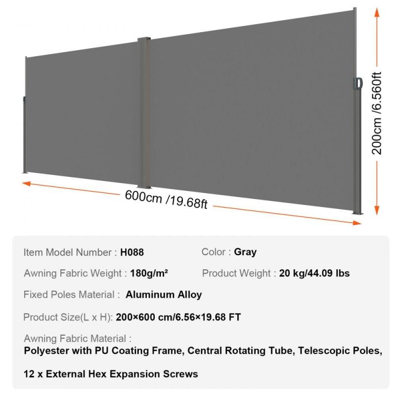 Landscaping & Shade | Retractable Side Awning, 79”x 236” Outdoor Privacy Screen, 180g Polyester Water-proof Retractable Patio Screen, UV 30+ Room Divider Wind Screen for Patio, Backyard, Balcony, Gray Gray Landscaping & Shade Gray