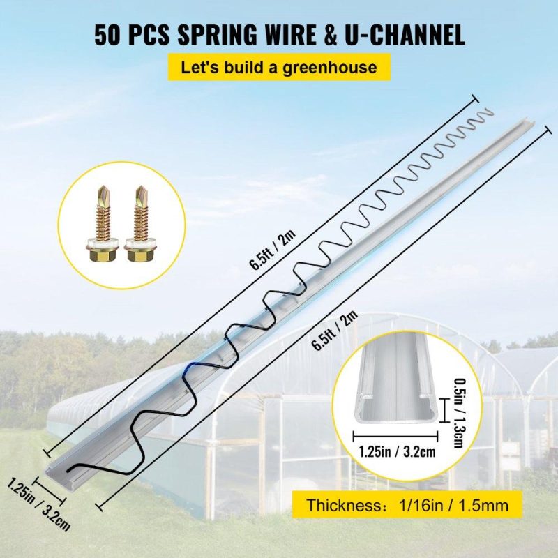 Landscaping & Shade | Spring Wire and Lock Channel, 6.56ft Spring Lock & U-Channel Bundle for Greenhouse, 50 Packs PE Coated Spring Wire & Aluminum Alloy Channel, Plastic Poly Film or Shade Cloth Attachment w/Screws Landscaping & Shade Landscaping & Shade