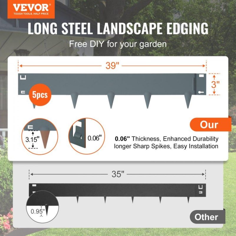 Landscaping & Shade | Steel Landscape Edging, 5-pack Steel Garden Edging Borders, 39″ L x 3″ H Strips, Hammer-in Edging Border, Bendable Metal Landscape Edging for Yard, Garden, Lawn, 3.15″ Spike Height, Dark Gray Dark Gray Landscaping & Shade Dark Gray